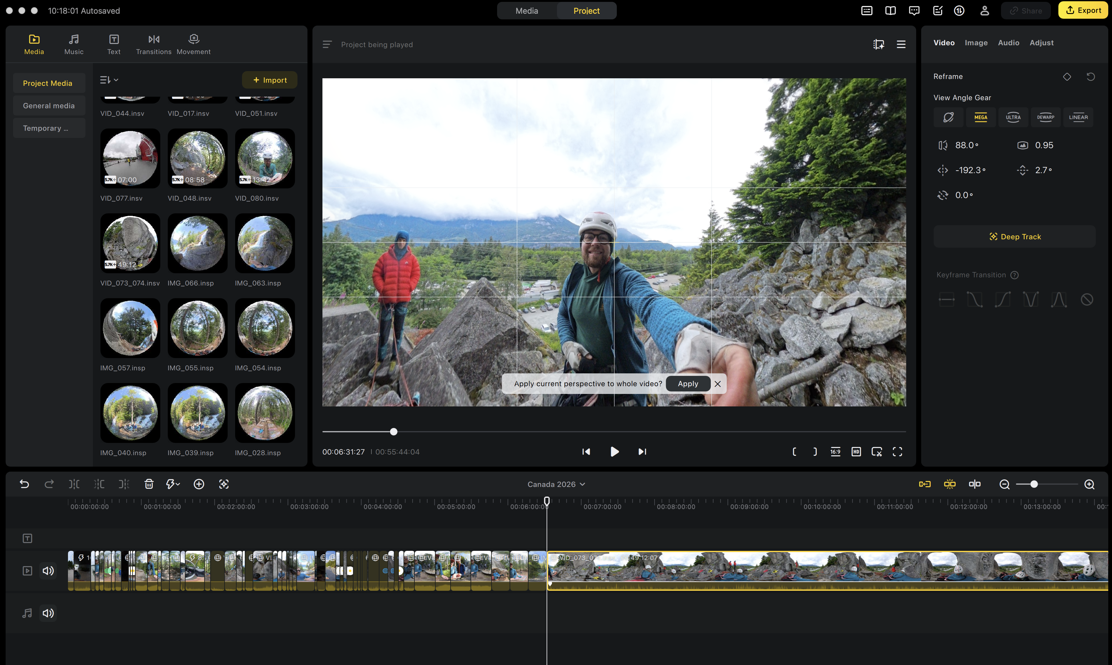 My chaotic Insta360 Studio timeline with 80+ clips