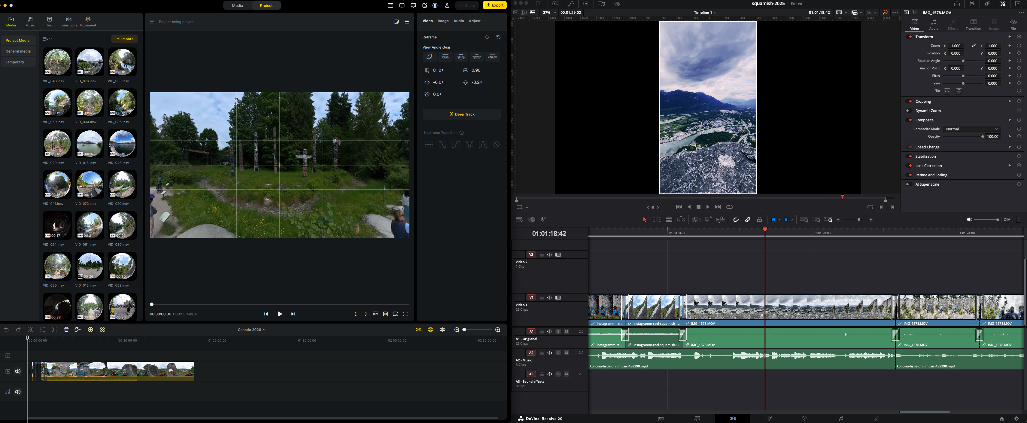 Insta360 Studio keyframing view and DaVinci Resolve timeline side by side