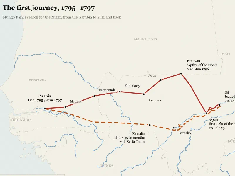 Map of Mungo Park’s first journey from Pisania on the Gambia to Silla on the Niger and back