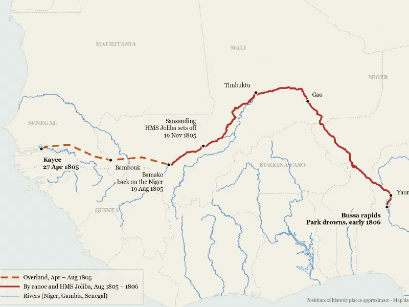 Map of Mungo Park’s second journey from Kayee on the Gambia to the Bussa rapids on the Niger